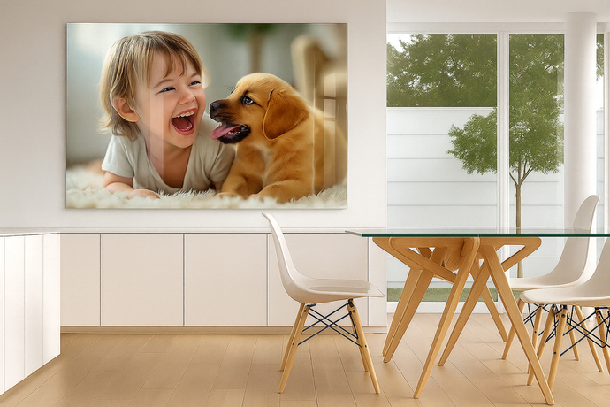 Foto op plexiglas kindje met hond lichte keuken
